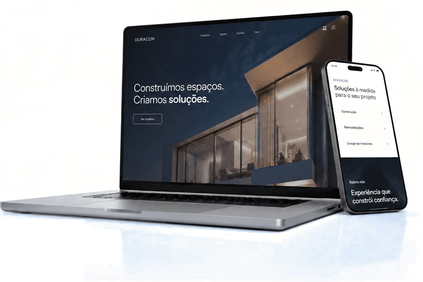 Website de uma empresa de construção mostrado num portátil, com a versão para telemóvel ao lado.